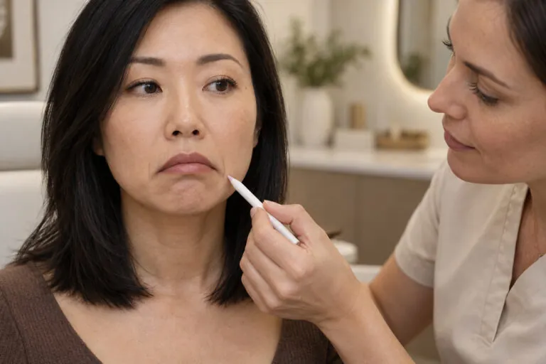 Medical provider identifying the DAO muscle area beside the downturned mouth corner of an East Asian woman.