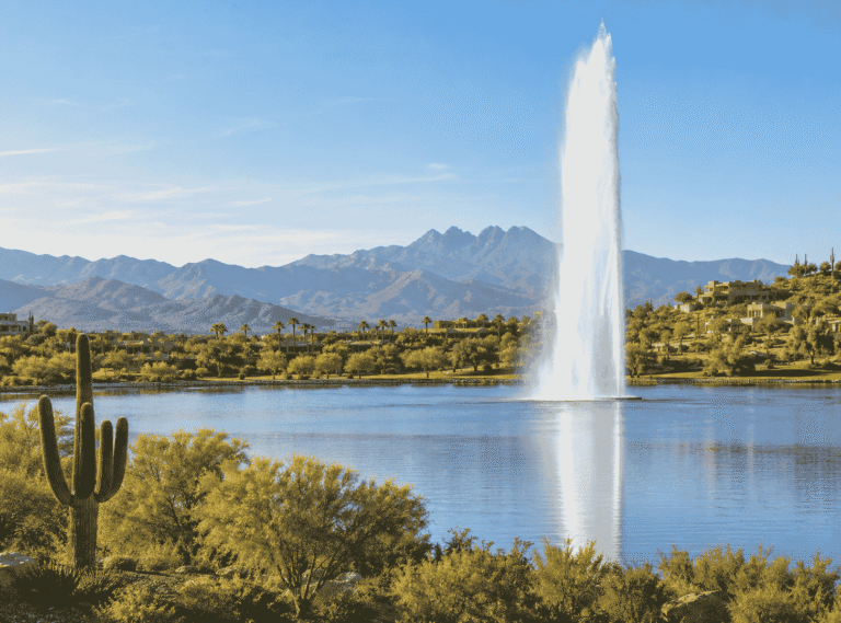 Scenic view of the iconic water fountain and lake landscape in Fountain Hills near Scottsdale in Scottsdale