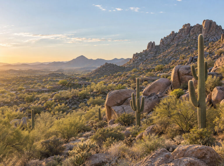 Elevated Sonoran Desert landscape with saguaro cacti and boulder formations in Cave Creek near Scottsdale in Scottsdale