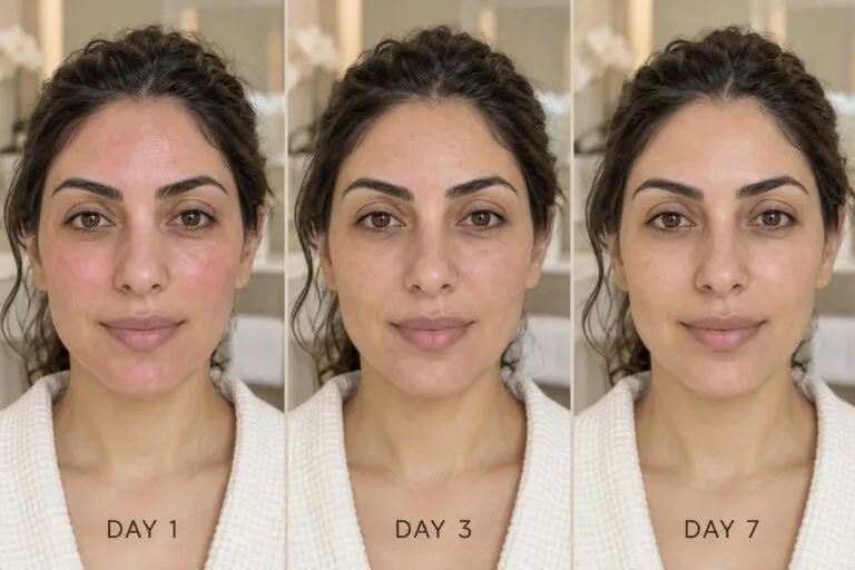 Day 1, Day 3 and Day 7 comparison showing normal skin healing after a microneedling treatment.