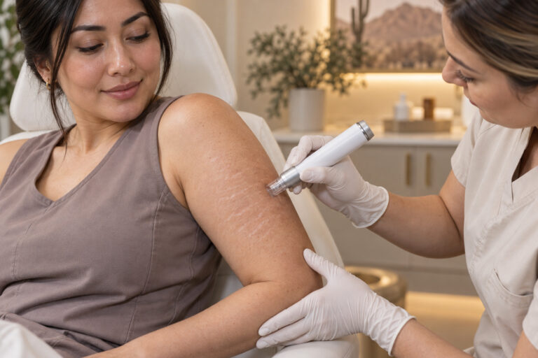 Medical provider performing SkinPen-style microneedling over visible stretch marks on a woman’s upper outer arm.