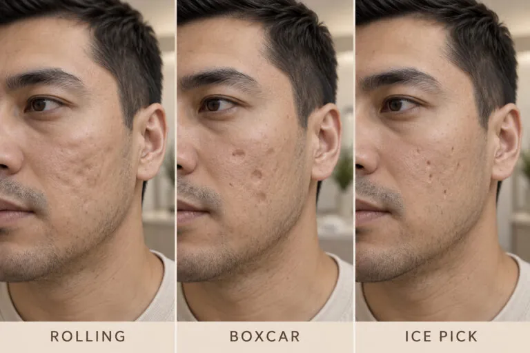 Comparison of rolling, boxcar and ice-pick acne scars on a man’s cheeks.