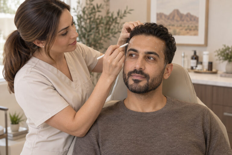 Medical provider mapping chronic migraine Botox treatment points on a male patient’s forehead and temple.