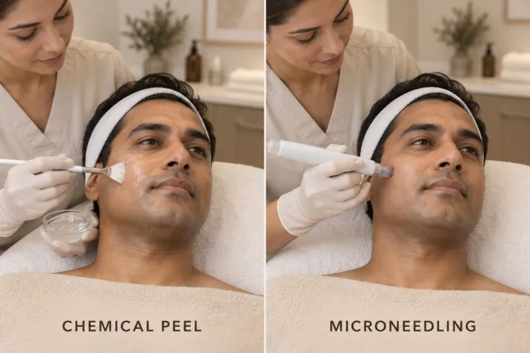 Side-by-side comparison of a chemical peel application and professional microneedling treatment.