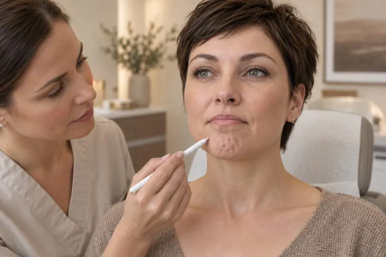 Medical provider assessing orange-peel chin dimpling caused by contraction of a woman’s mentalis muscle.