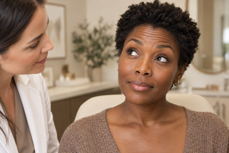 Black woman raising her eyebrows to demonstrate natural horizontal forehead lines during a medspa consultation.