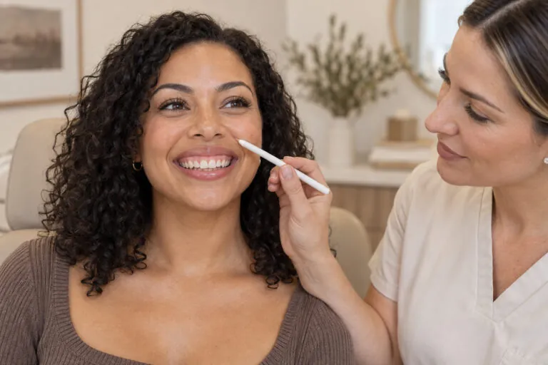 Medical provider assessing the upper-lip elevator area of a smiling woman with visible upper-gum display.