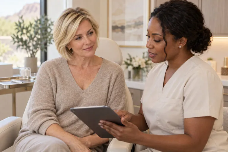 Medical provider reviewing Botox safety and medical history with a mature female patient during a consultation.