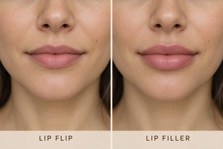 Side-by-side comparison showing the subtle upper-lip lift of a lip flip and the added volume and definition of lip filler.