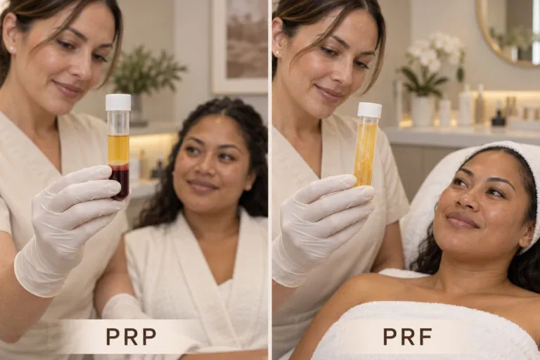 Side-by-side comparison of platelet-rich plasma and platelet-rich fibrin preparations used in aesthetic treatments.