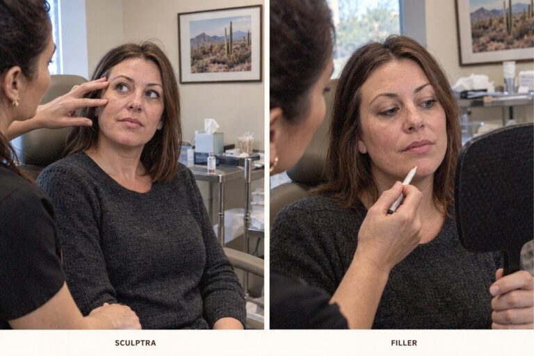 Candid comparison of a Sculptra facial assessment and a targeted dermal-filler consultation.