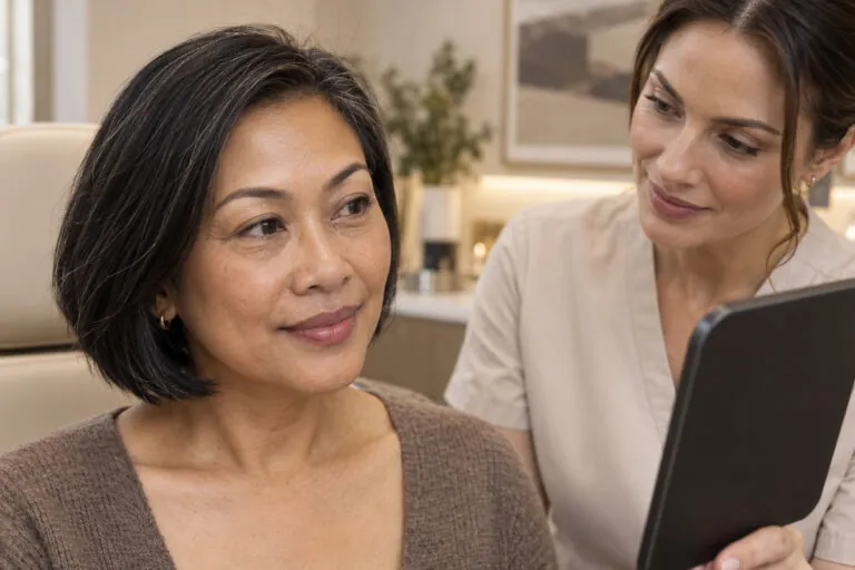 Medical provider evaluating fine lines and skin texture beneath a Southeast Asian woman’s eyes during consultation.